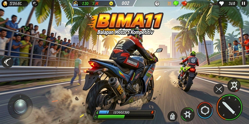 Tampilan menarik dari gameplay BIMA11 saat balapan motor.