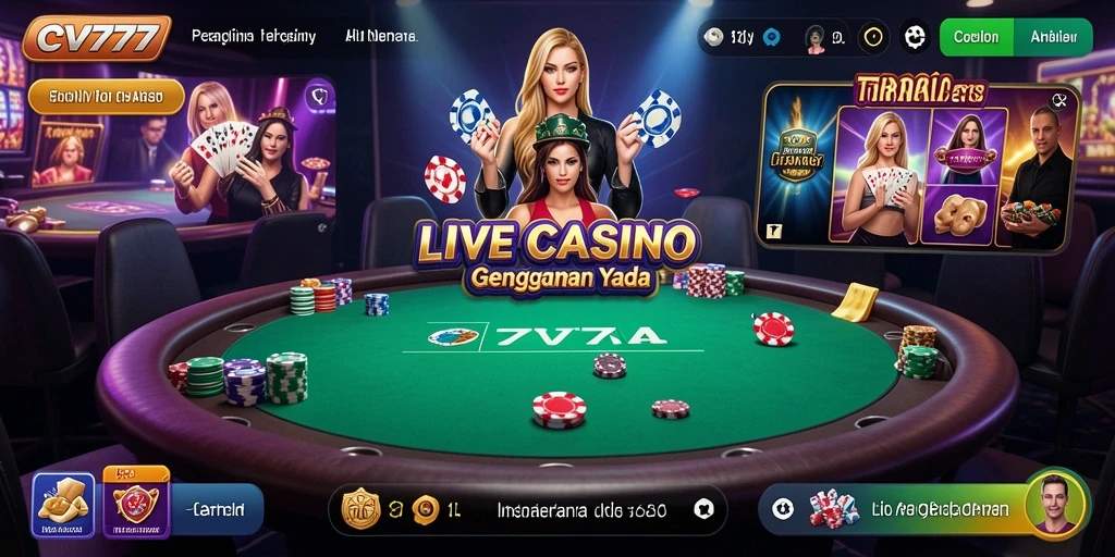 Screenshot CV777 menampilkan dealer langsung di tengah permainan kasino yang menarik.