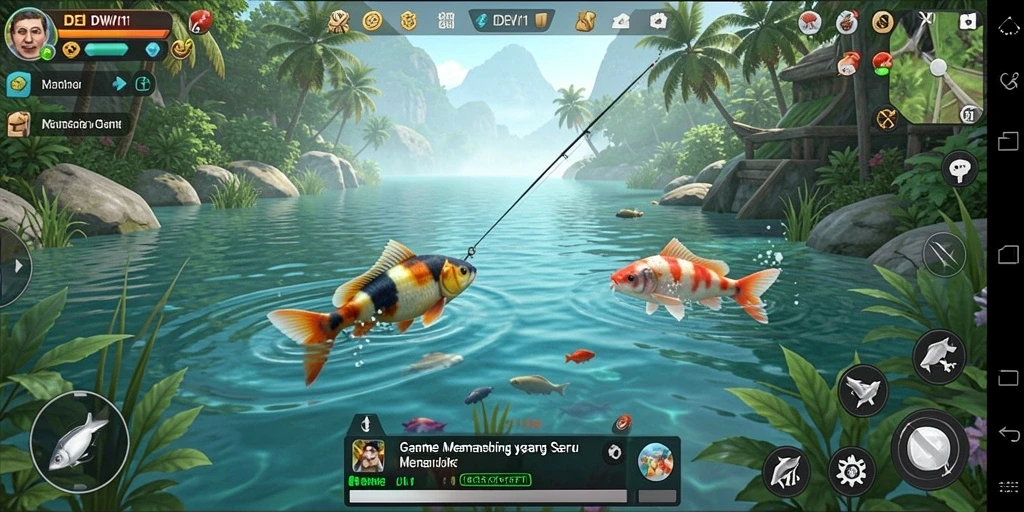 Screenshot DEWI11 menampilkan momen menangkap ikan yang seru di danau.