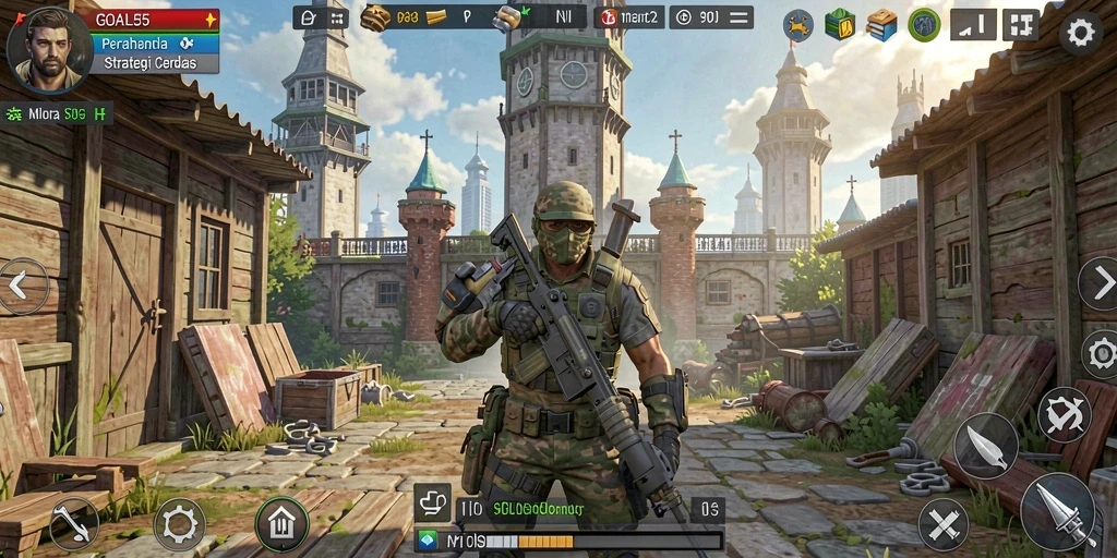 Tampilan gameplay GOAL55 yang mendebarkan dalam pertahanan menara.