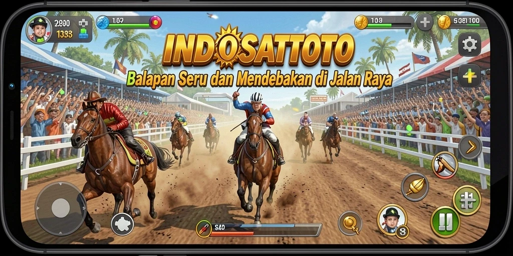 Tangkapan layar gameplay INDOSATTOTO dengan mobil balap di trek nyata.