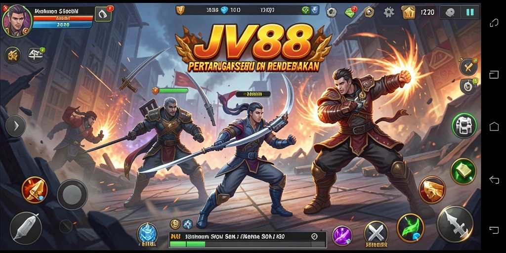 Screenshot gameplay JV88 menunjukkan pertarungan intens dan karakter yang dinamis.