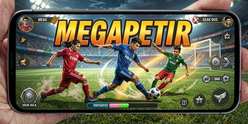 Tampilan gameplay seru dalam MEGAPETIR dengan aksi sepak bola mendebarkan.