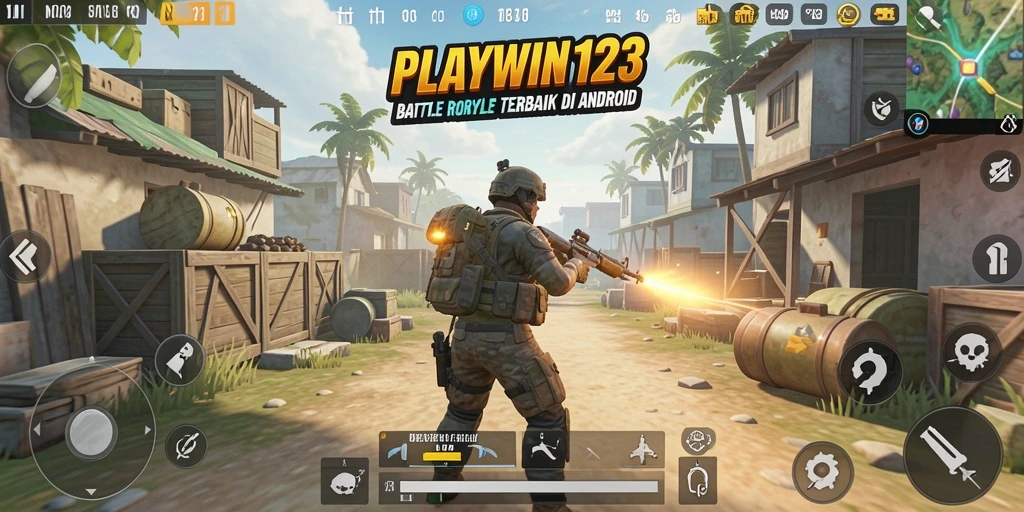 Tangkapan layar utama dari PLAYWIN123 yang menampilkan aksi Battle Royale yang mendebarkan.