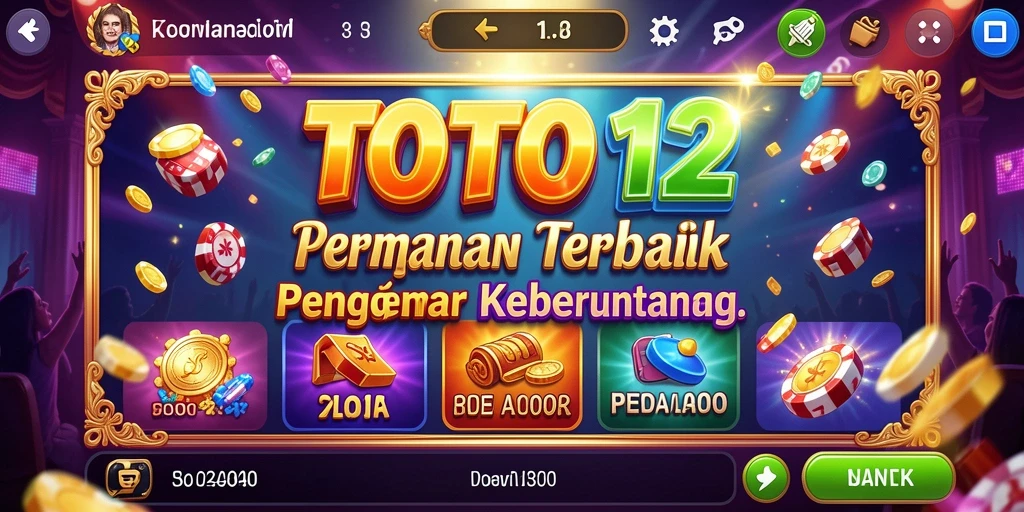 Screenshot gameplay TOTO12 menampilkan gulungan slot yang penuh warna.