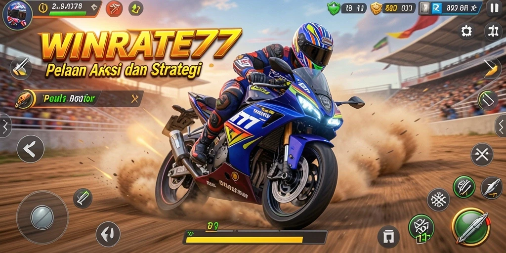 Tampilan gameplay WINRATE777 yang menegangkan saat balapan motor.