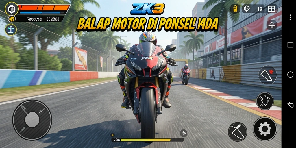 Screenshot ZK3 menampilkan aksi balap motor yang dramatis dan mendebarkan.